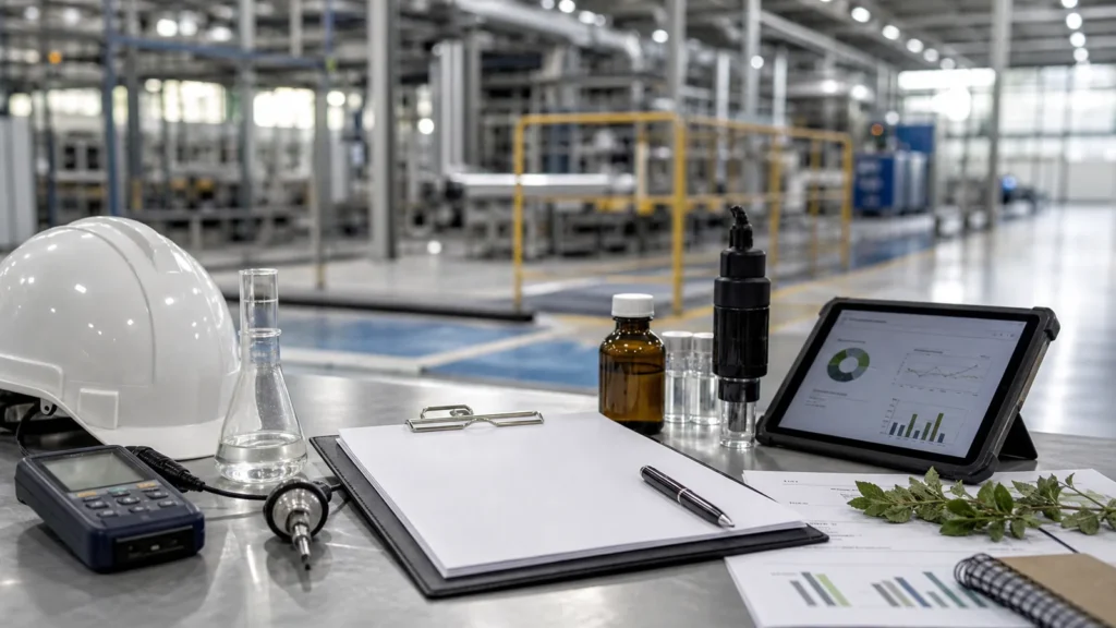Checklist e equipamentos de monitoramento em auditoria ambiental industrial
