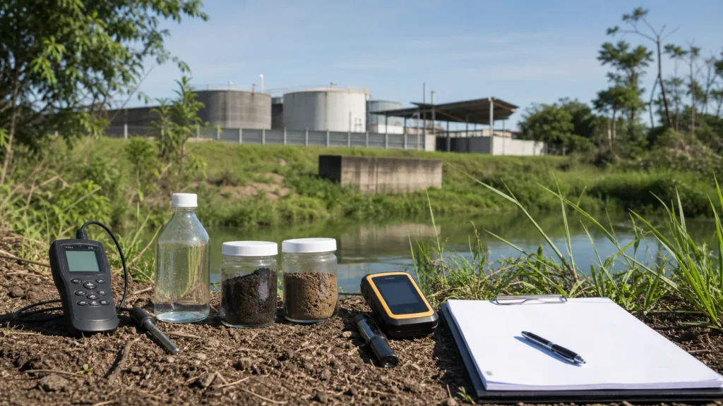 Amostras de solo e água em diagnóstico ambiental empresarial de campo