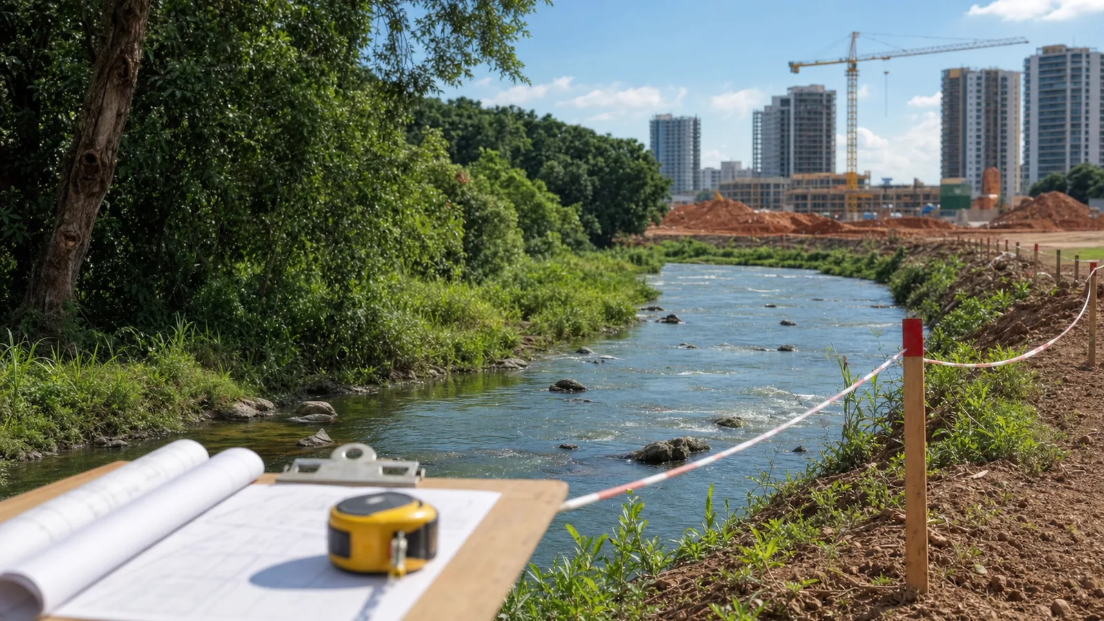 Análise ambiental de APP urbana próxima a curso d'água e área de construção