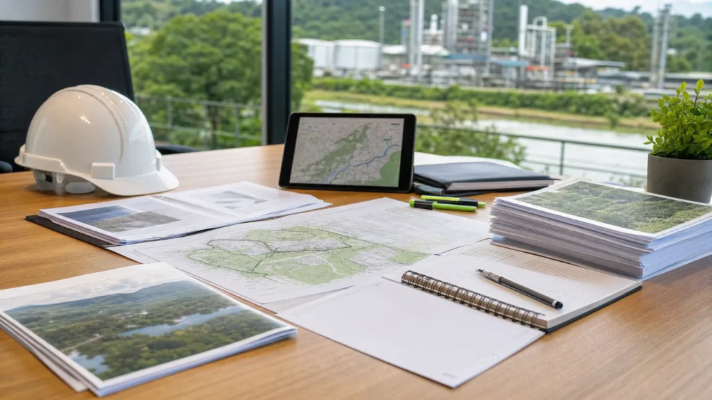 Documentos técnicos de licença prévia sobre mesa de planejamento ambiental em área industrial