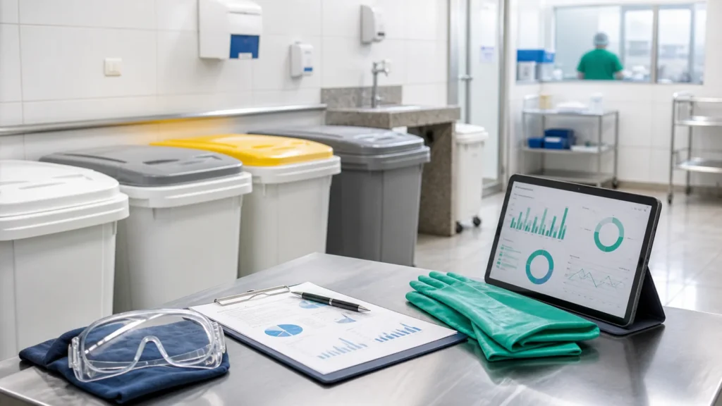 Ambiente limpo de serviço de saúde com documentos técnicos para PGRSS