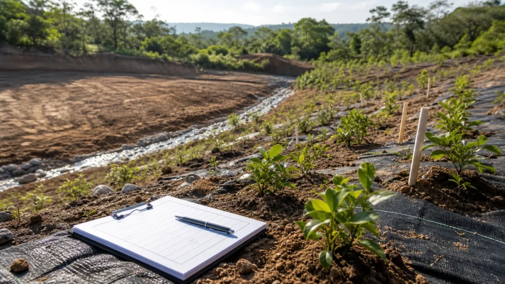 Área em recuperação ambiental com mudas nativas e documentos técnicos de TCRA