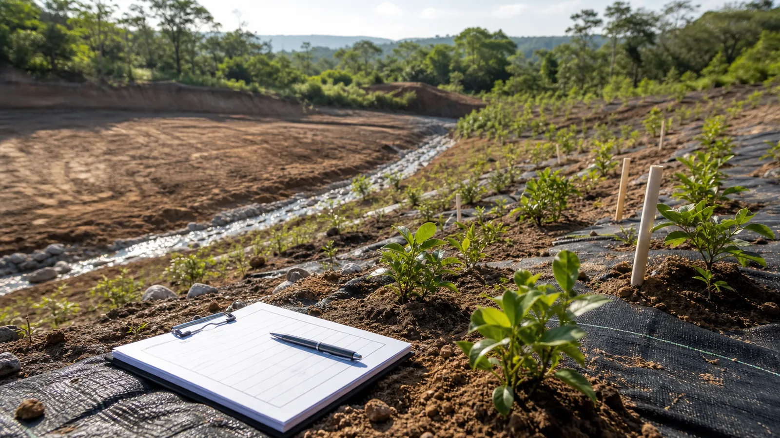 Área em recuperação ambiental com mudas nativas e documentos técnicos de TCRA