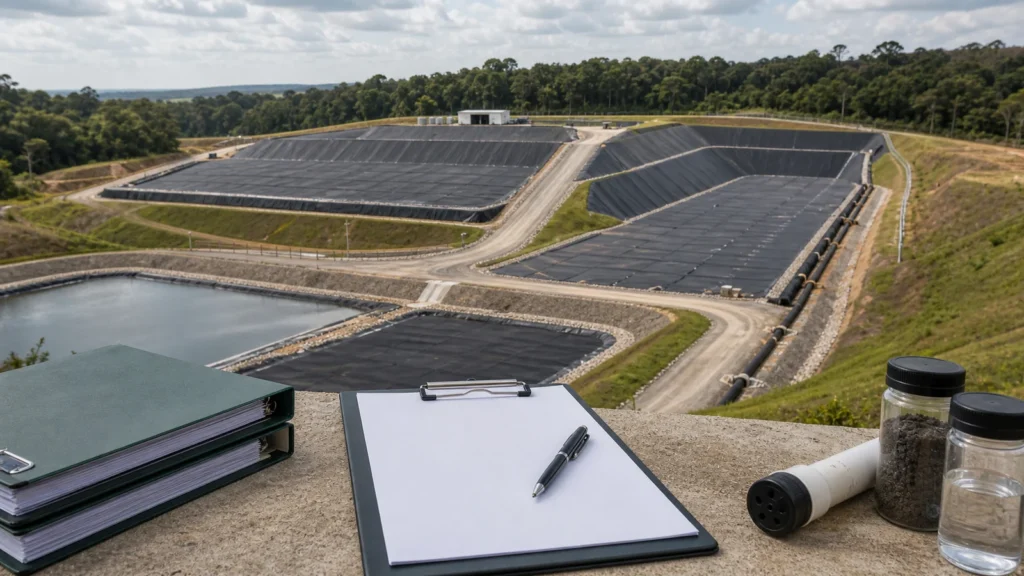 Aterro industrial controlado com sistemas de drenagem e registros técnicos