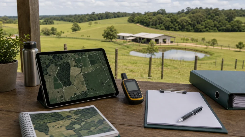 Mapa rural e GPS usados para organização do Cadastro Ambiental Rural