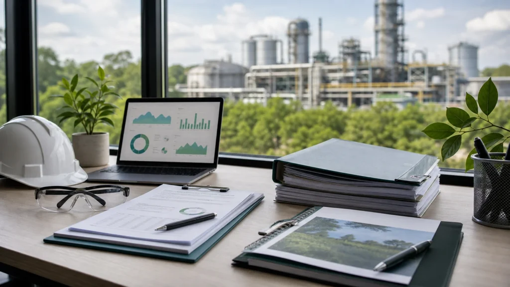 Mesa com documentos ambientais e gráficos de monitoramento diante de uma instalação industrial