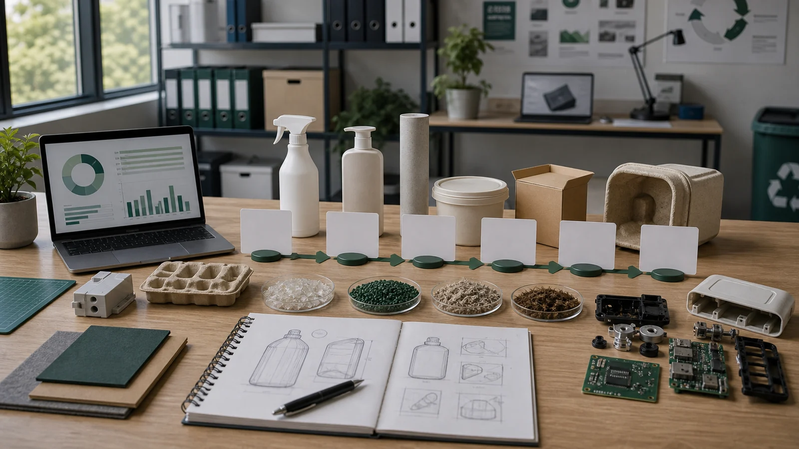 Materiais e protótipos organizados para análise de ciclo de vida do produto