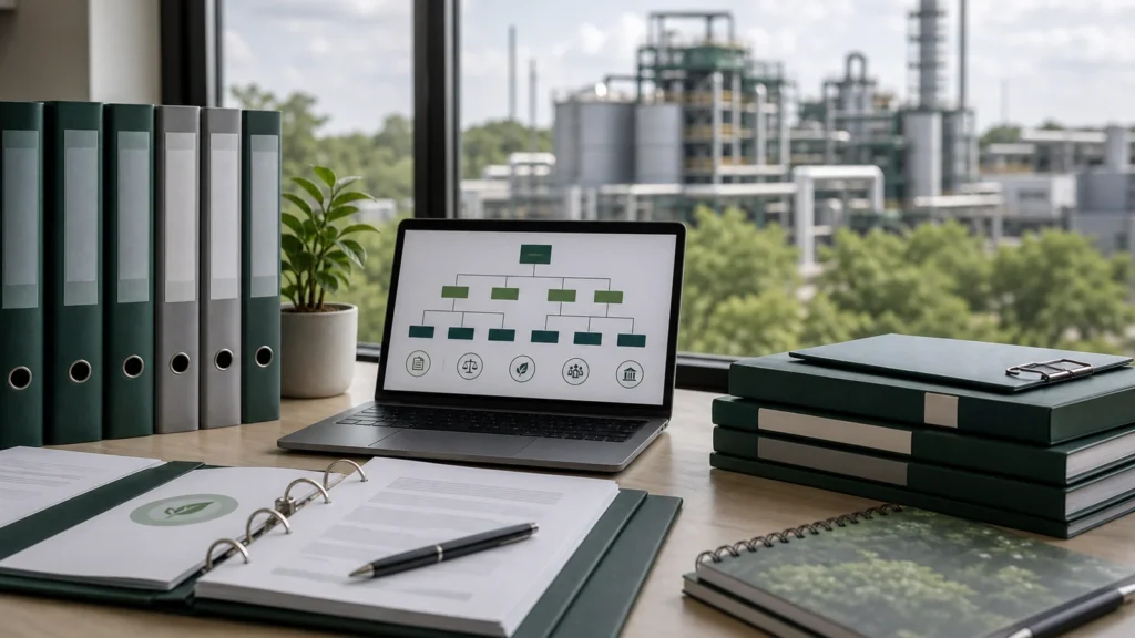 Documentos normativos ambientais e organograma de controle em mesa corporativa