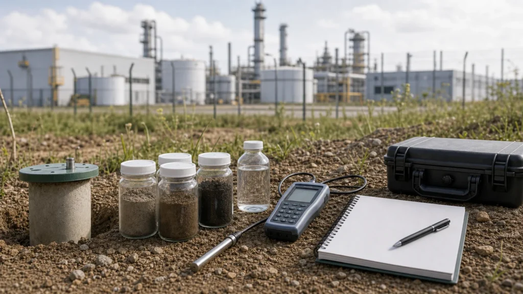 Amostras de solo e equipamento de medição para análise de área contaminada