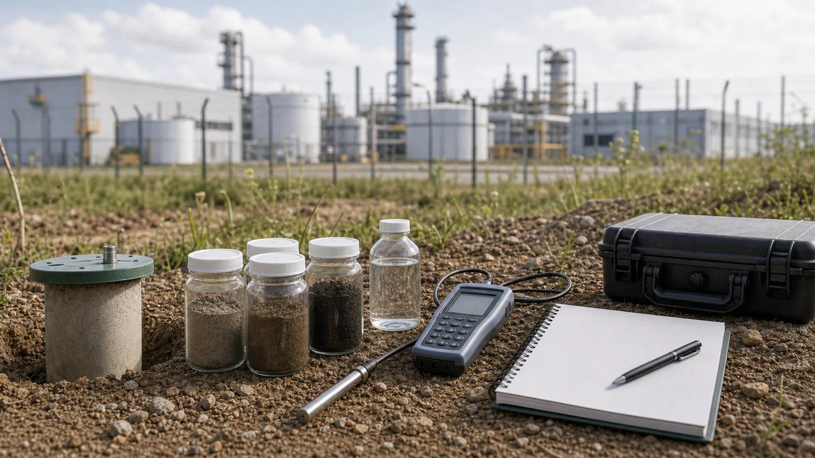 Amostras de solo e equipamento de medição para análise de área contaminada