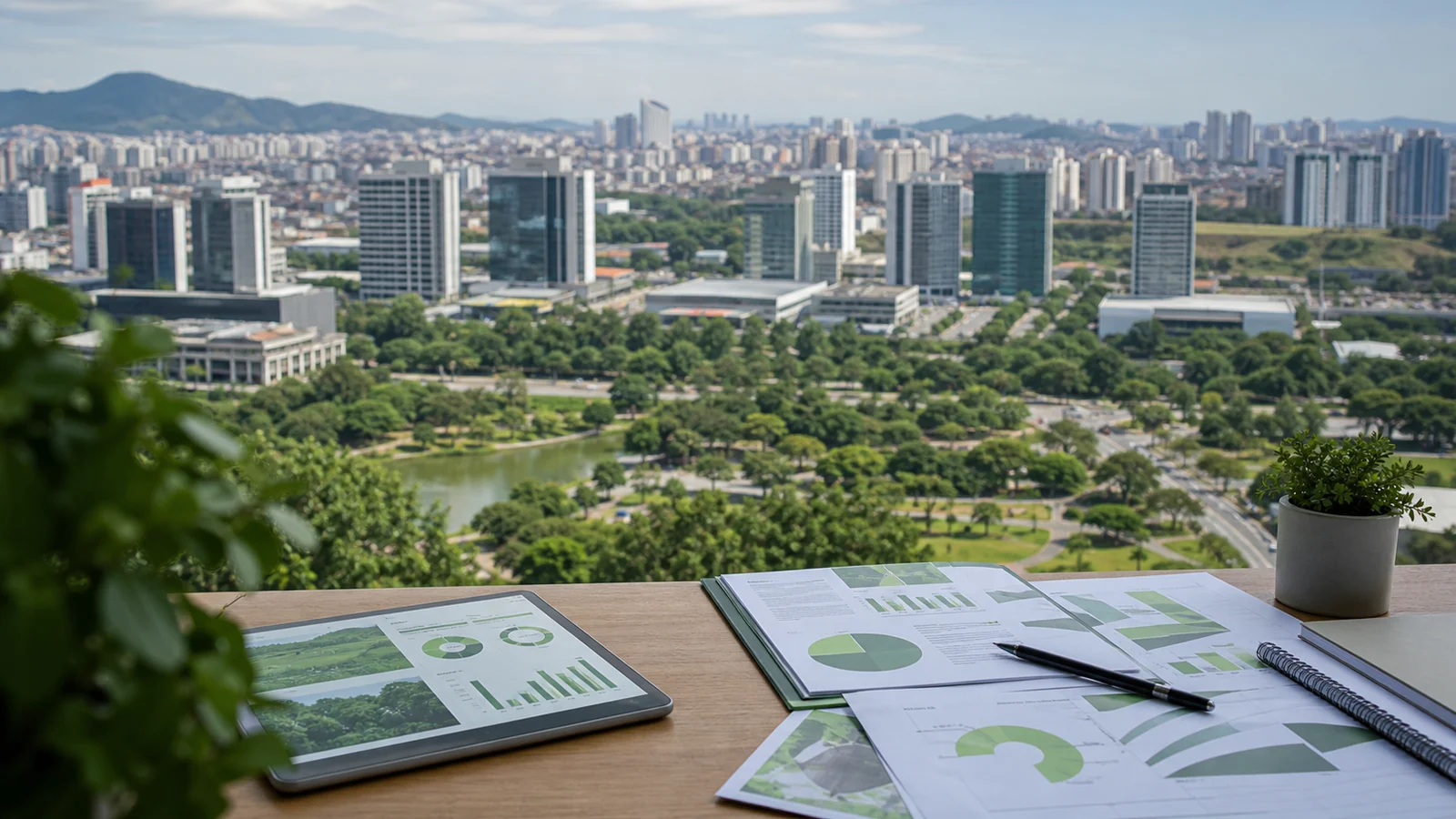 Imagem institucional de consultoria ambiental no abc com documentos técnicos ambientais e contexto empresarial