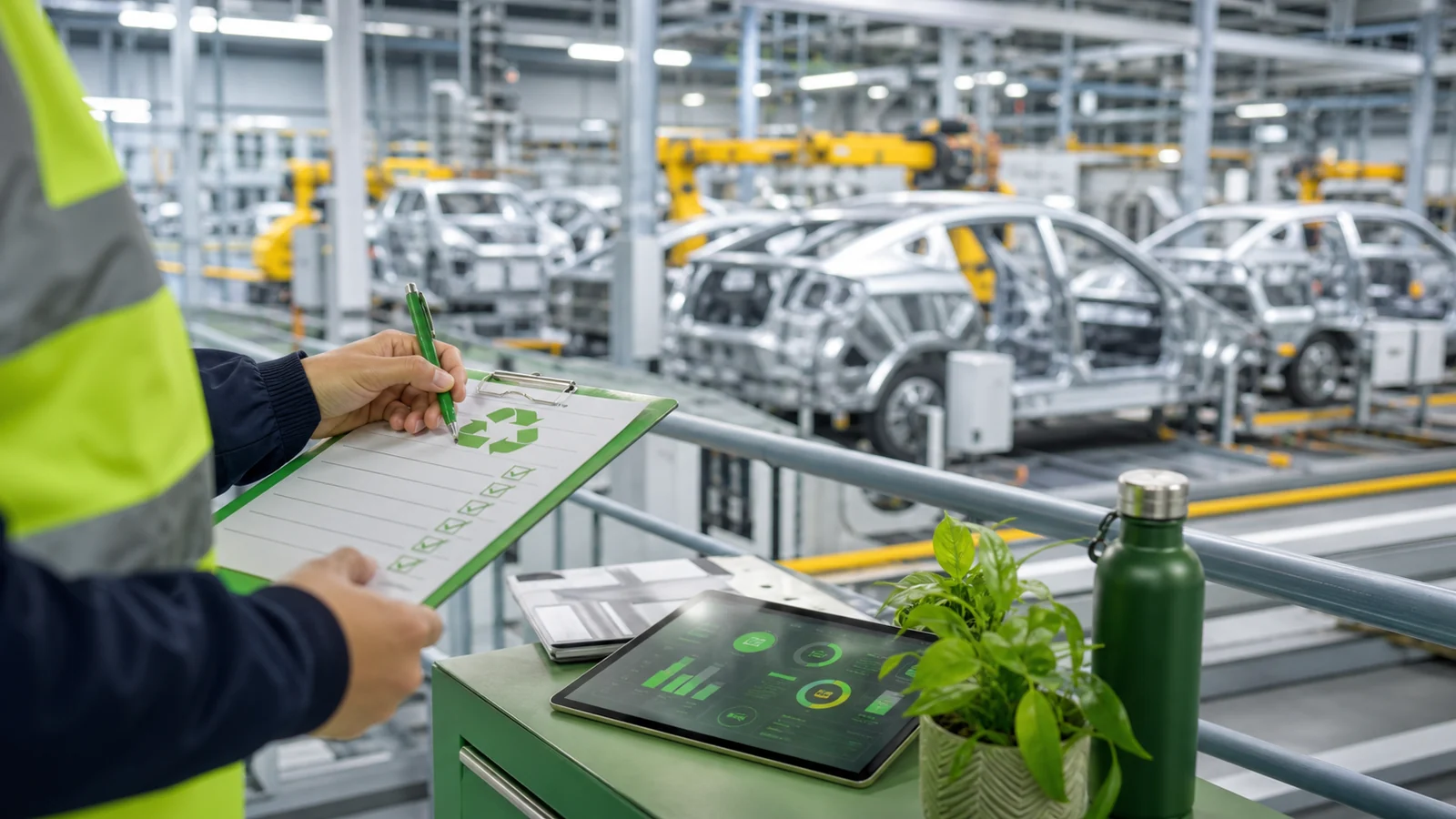 Imagem institucional de consultoria ambiental para indústria automotiva com documentos técnicos ambientais e contexto empresarial