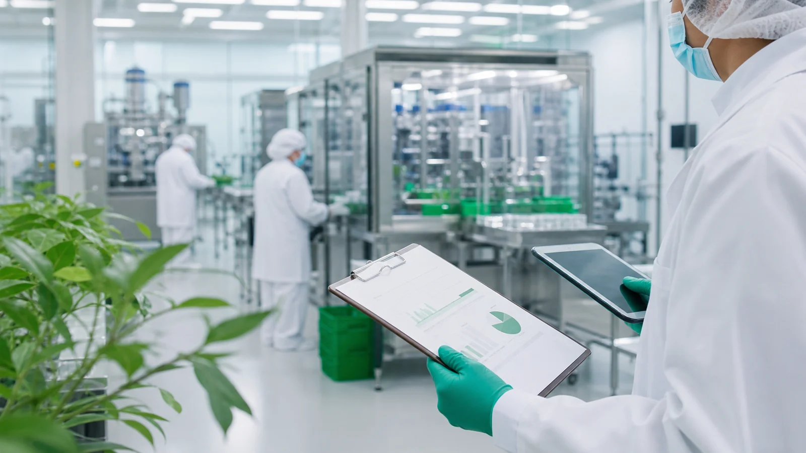 Imagem institucional de consultoria ambiental farmacêutica com documentos técnicos ambientais e contexto empresarial
