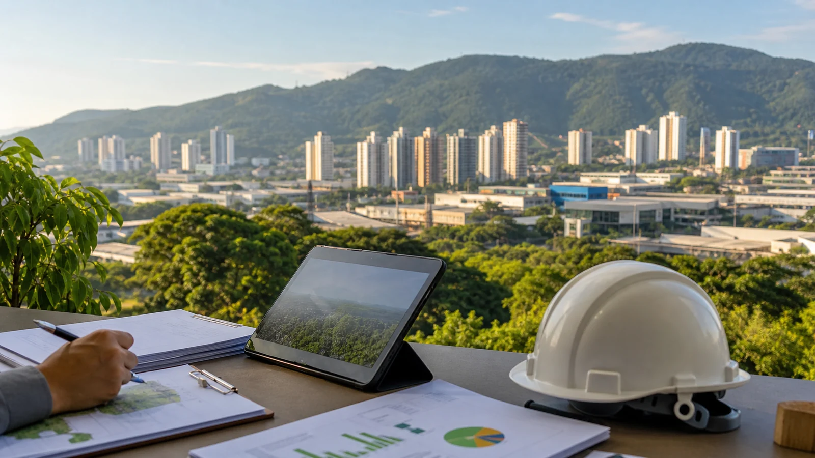 Imagem institucional de consultoria ambiental em jundiaí e região com documentos técnicos ambientais e contexto empresarial