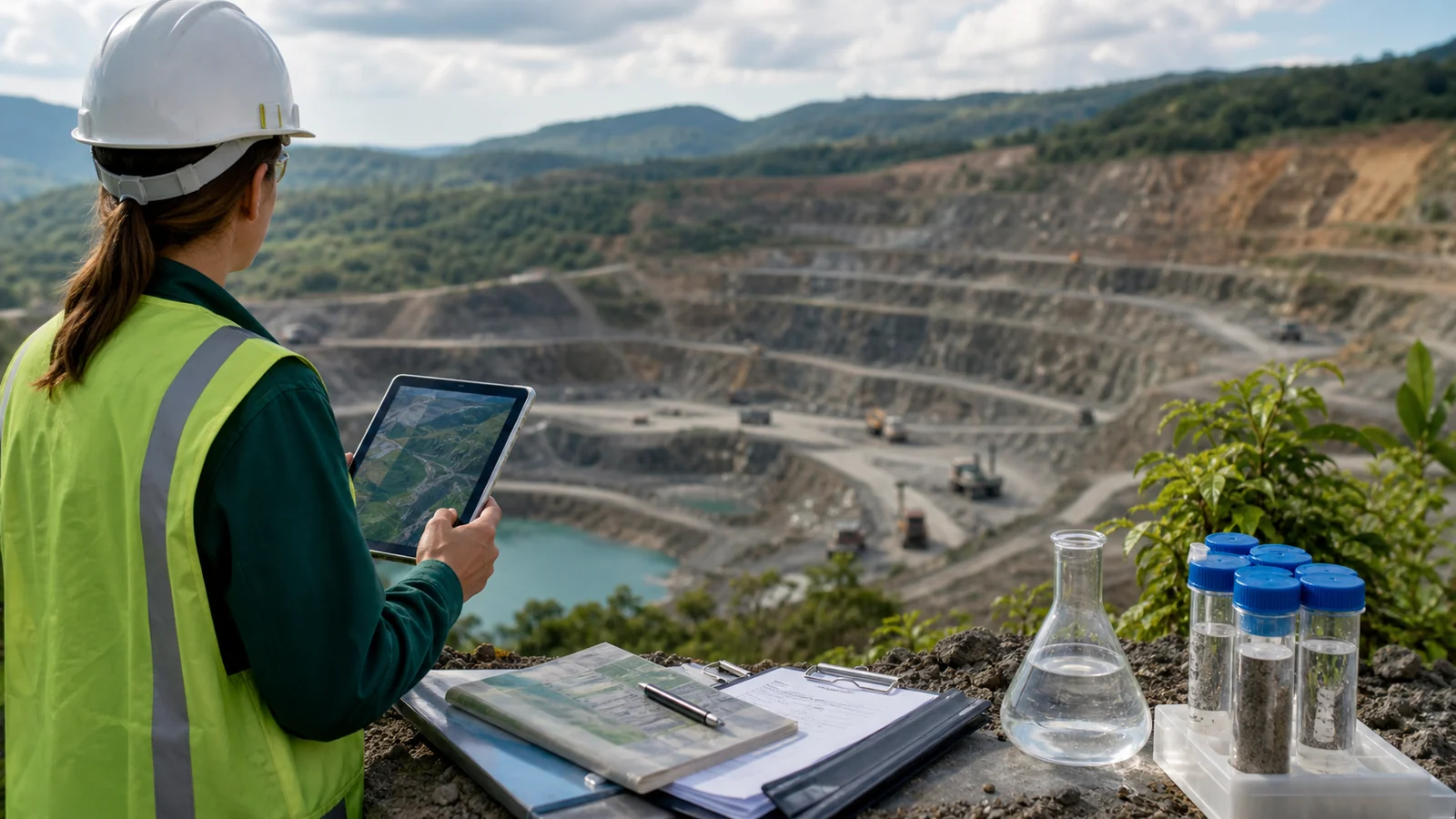Imagem institucional de consultoria ambiental para mineração com documentos técnicos ambientais e contexto empresarial