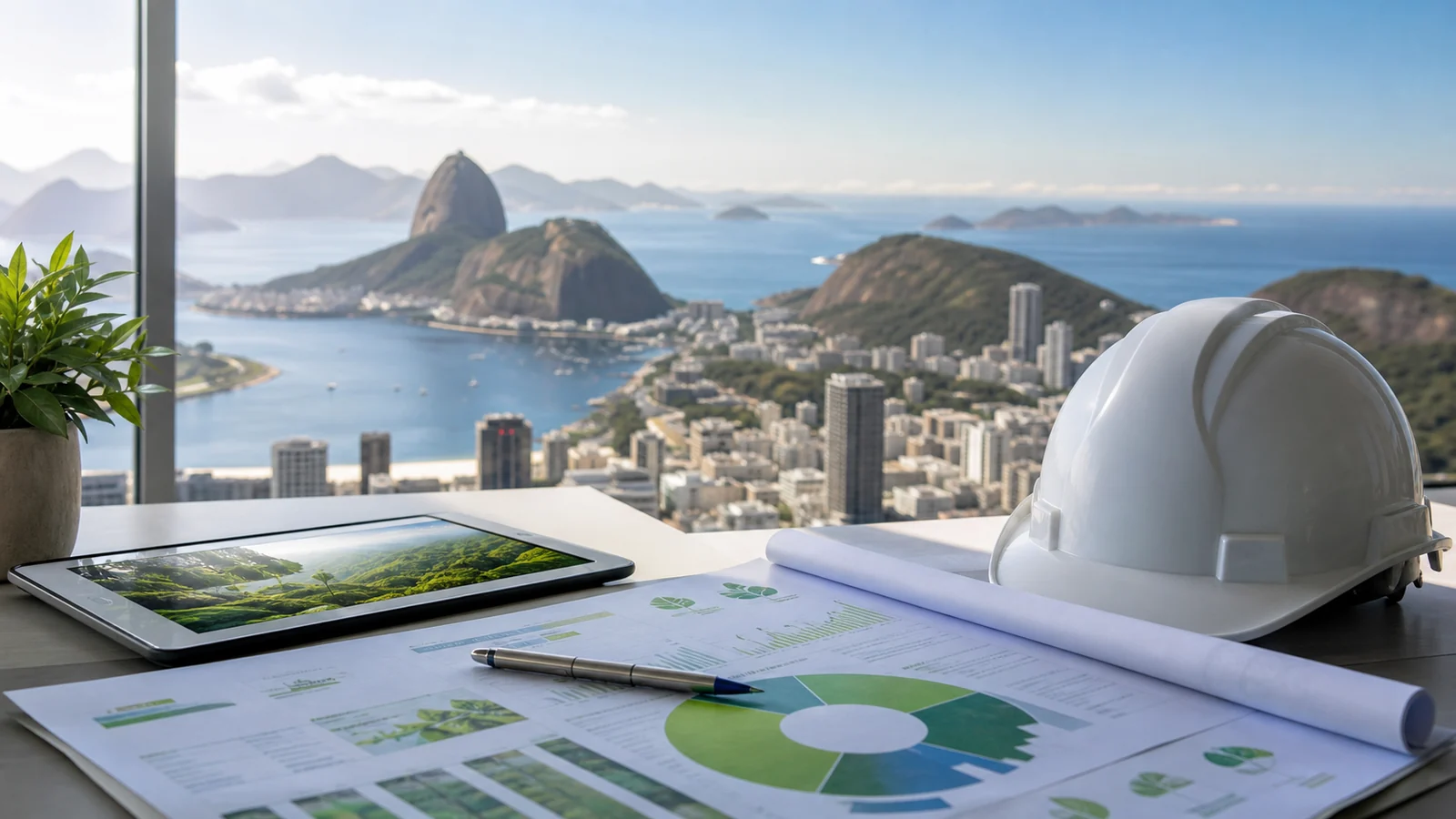 Imagem institucional de consultoria ambiental no rio de janeiro com documentos técnicos ambientais e contexto empresarial