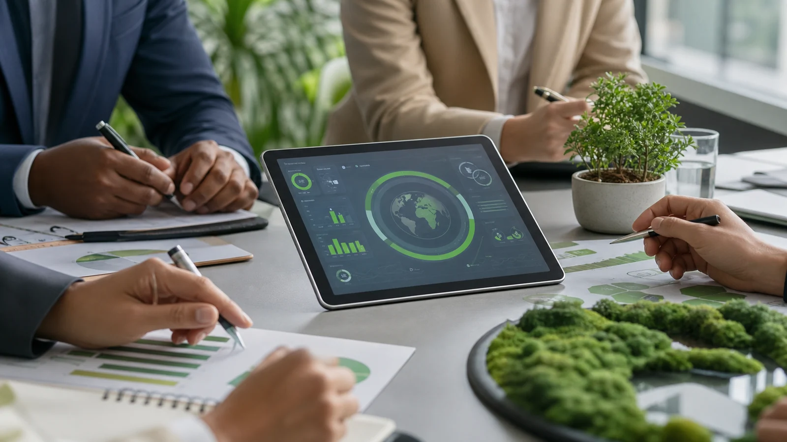 Reunião de consultoria ESG com indicadores ambientais e plano de ação