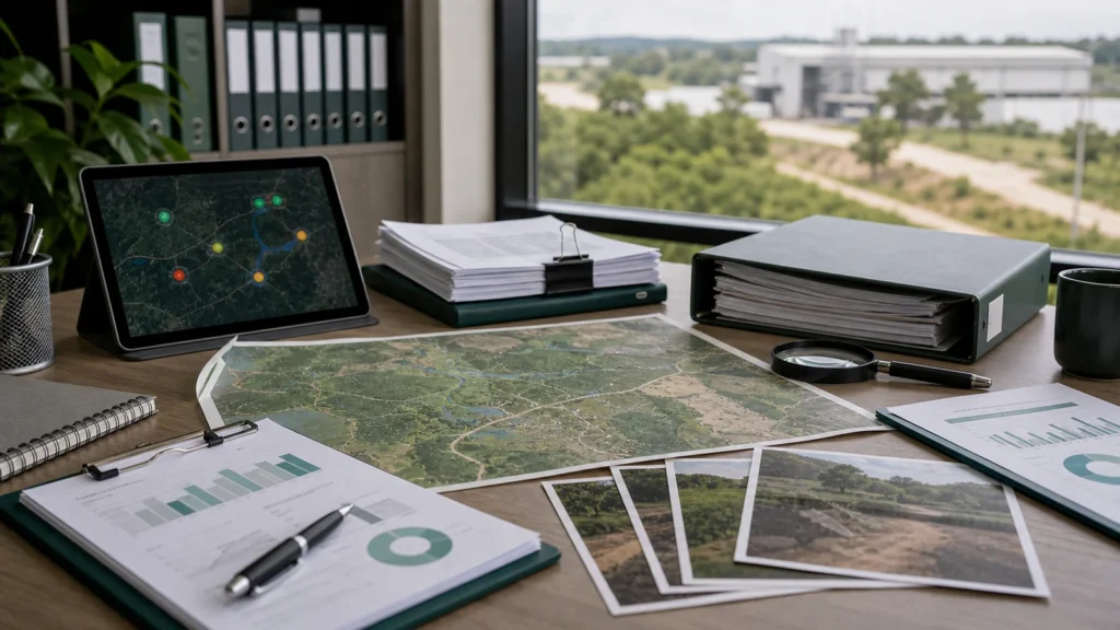 Documentos técnicos e mapa usados em due diligence ambiental