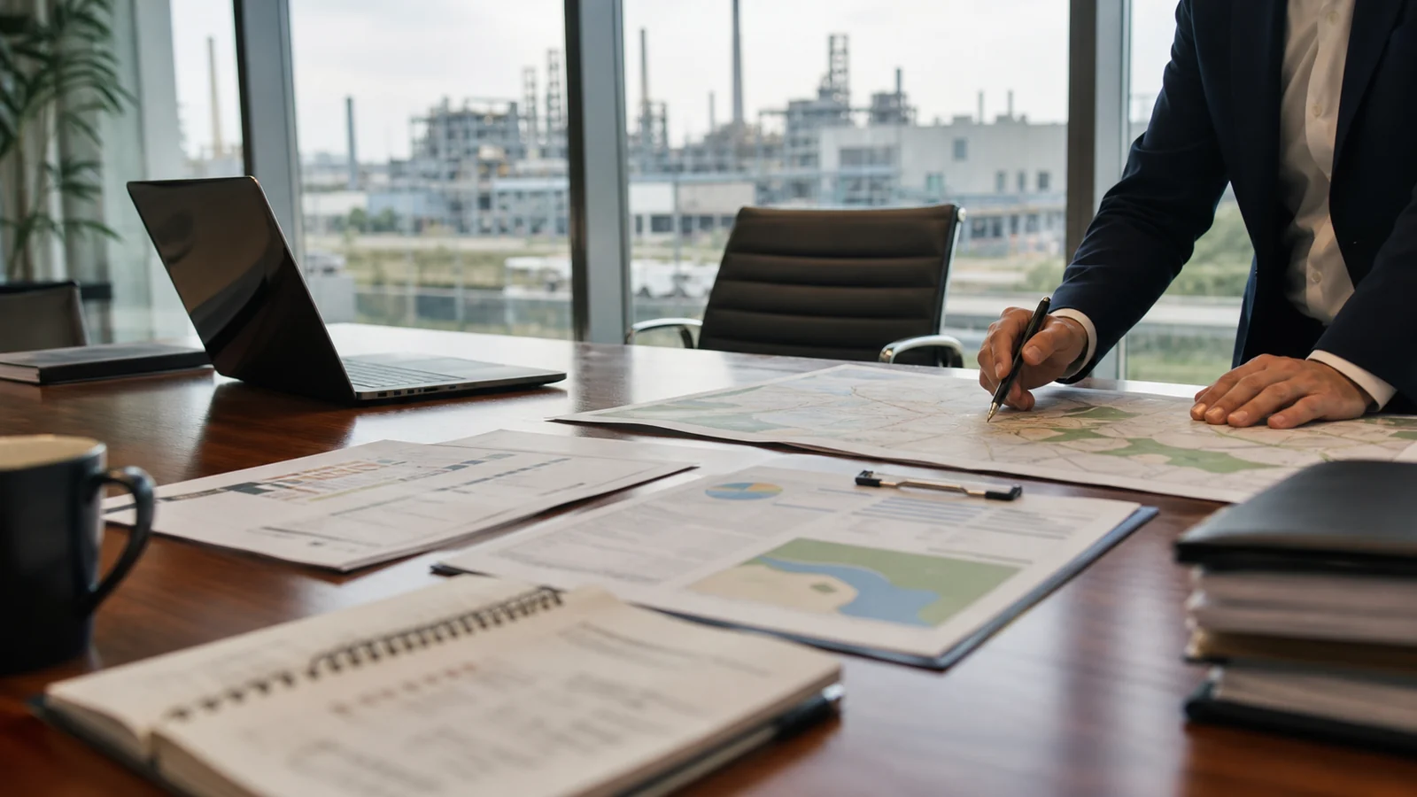 Mesa de due diligence ambiental com contratos, mapas, licenças e análise de risco de imóvel industrial