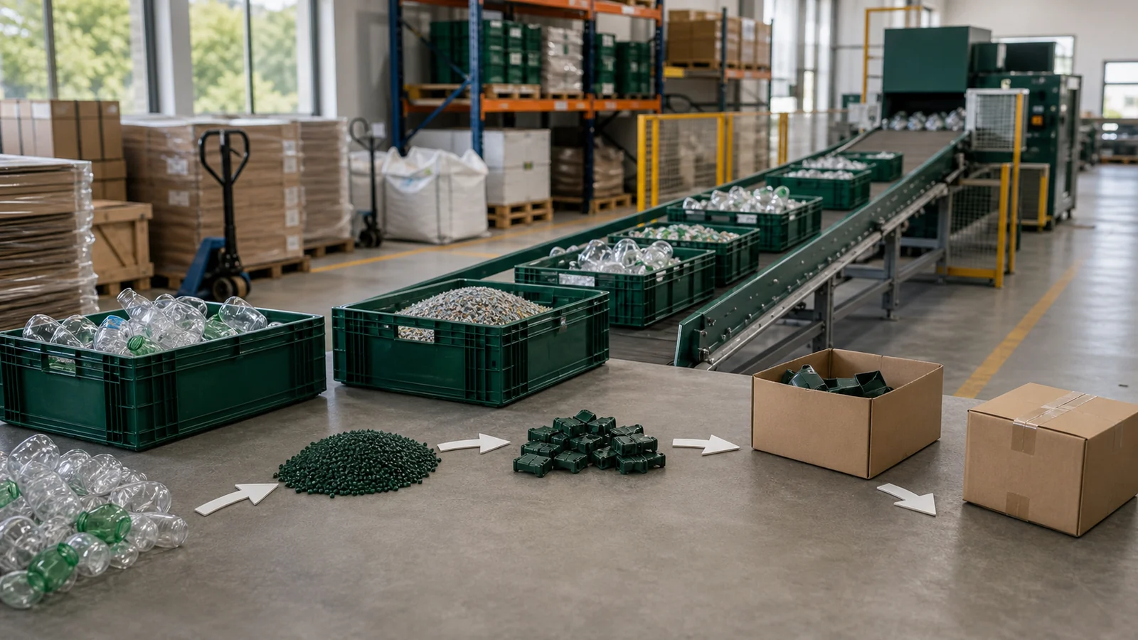 Materiais reaproveitáveis organizados em fluxo de economia circular