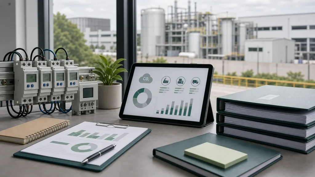 Tablet com indicadores de gases de efeito estufa em instalação industrial