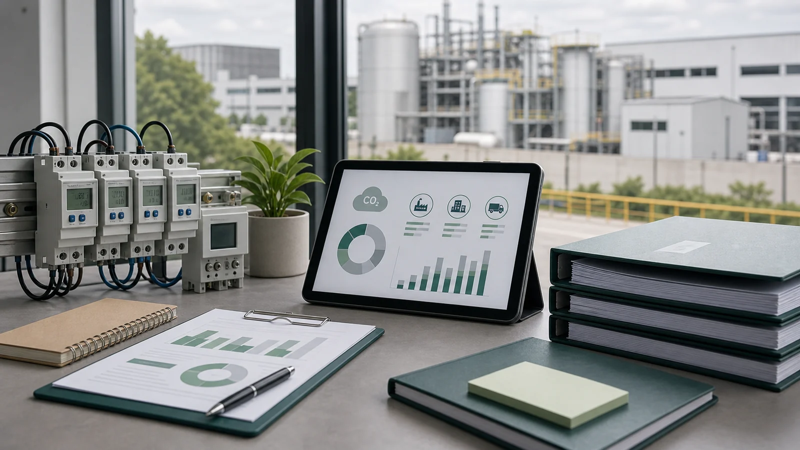 Tablet com indicadores de gases de efeito estufa em instalação industrial