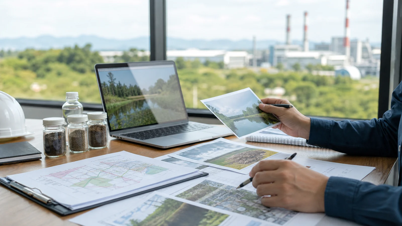Profissional ambiental elaborando laudo técnico com imagens de vistoria, mapas e amostras