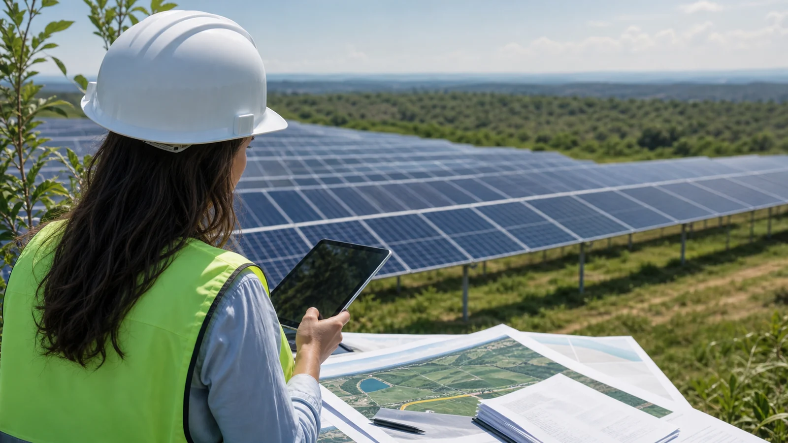 Imagem institucional de licenciamento ambiental de usina solar com documentos técnicos ambientais e contexto empresarial