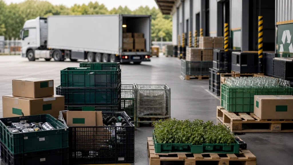 Caixas e materiais retornáveis organizados para logística reversa empresarial