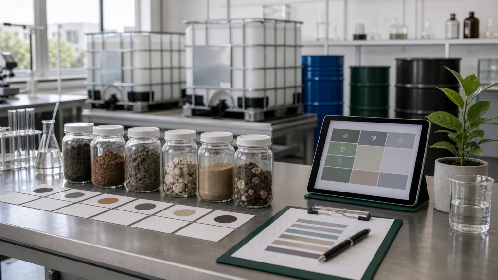 Amostras de resíduos e tablet de classificação ambiental em laboratório técnico