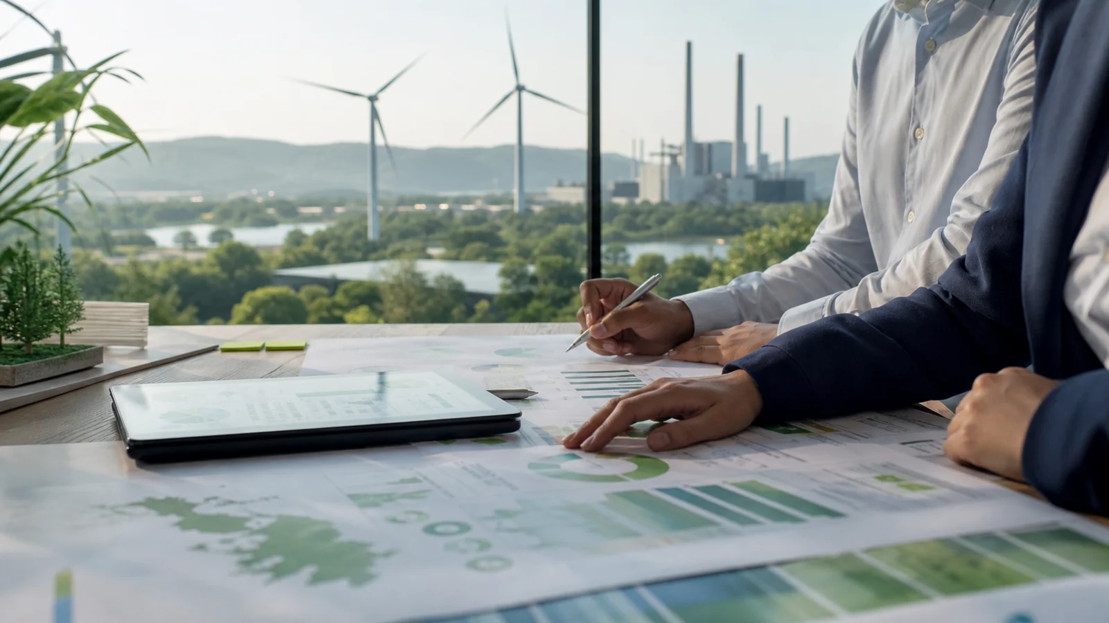 Imagem institucional de net zero e transição climática com documentos técnicos ambientais e contexto empresarial