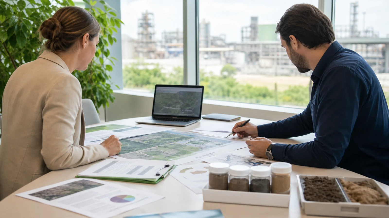 Equipe técnica avaliando documentos e mapa de área industrial para diagnóstico de passivo ambiental