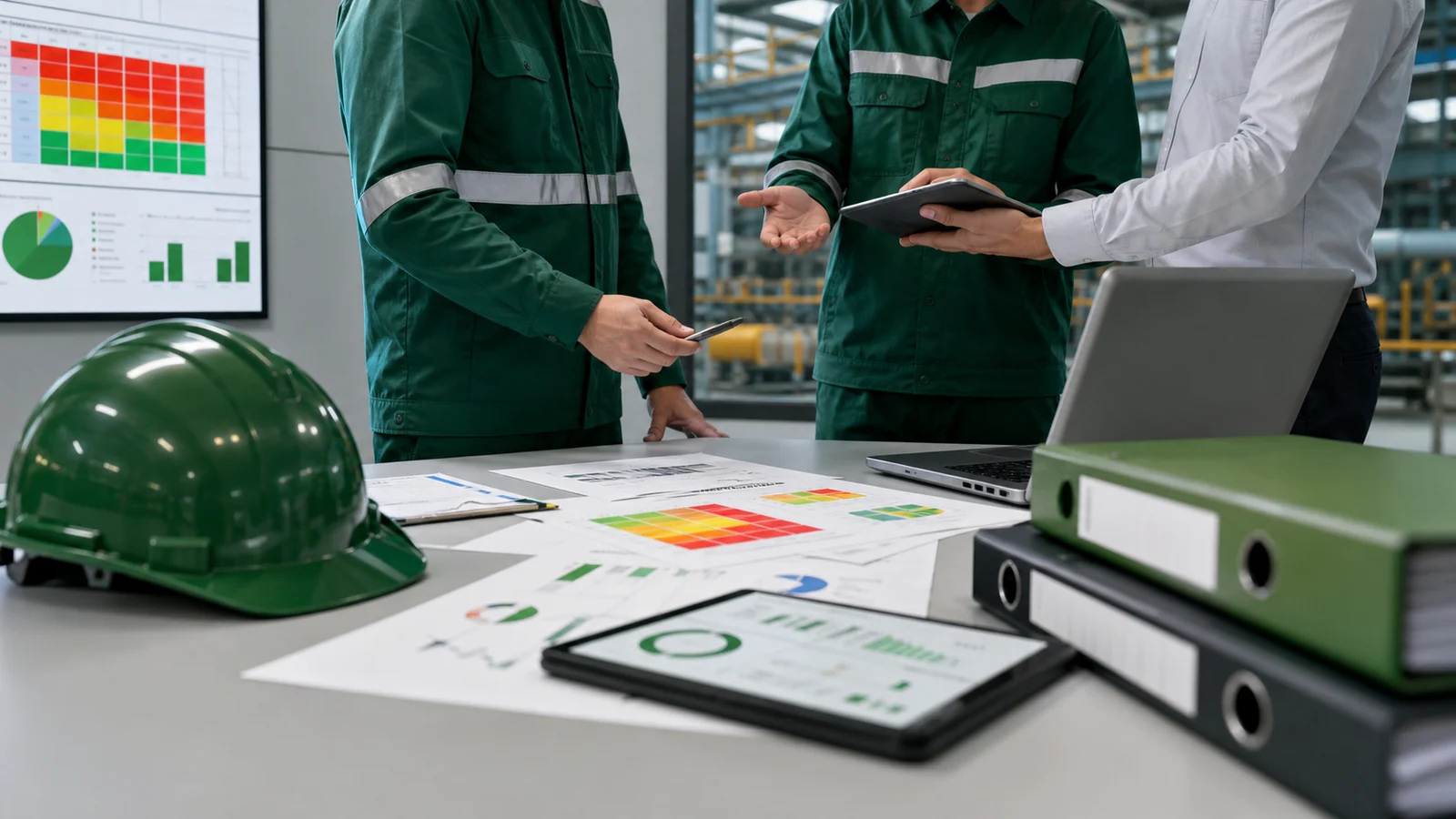 Equipe técnica em treinamento ambiental com documentos e controles de riscos
