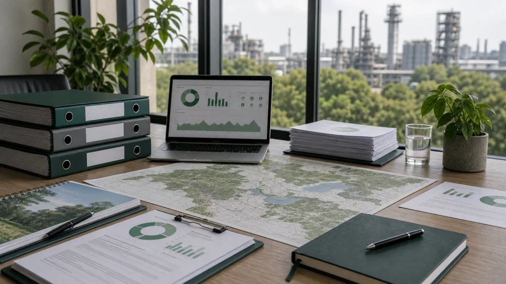 Mapa e indicadores ambientais usados para interpretar política ambiental na empresa