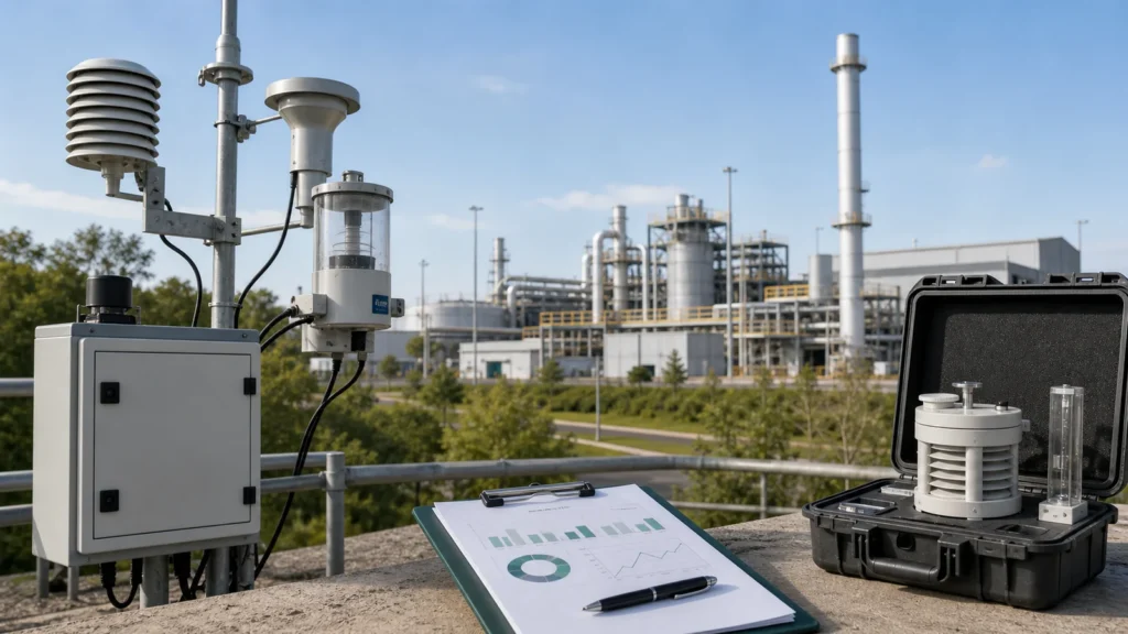 Estação de monitoramento atmosférico ao lado de instalação industrial