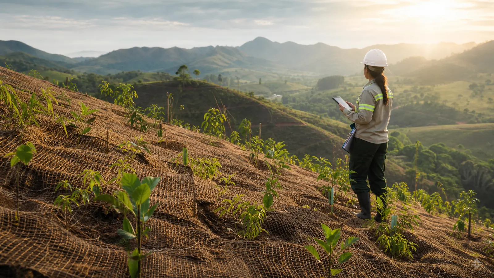 Área em recuperação ambiental com mudas nativas, solo protegido e técnicos acompanhando PRAD