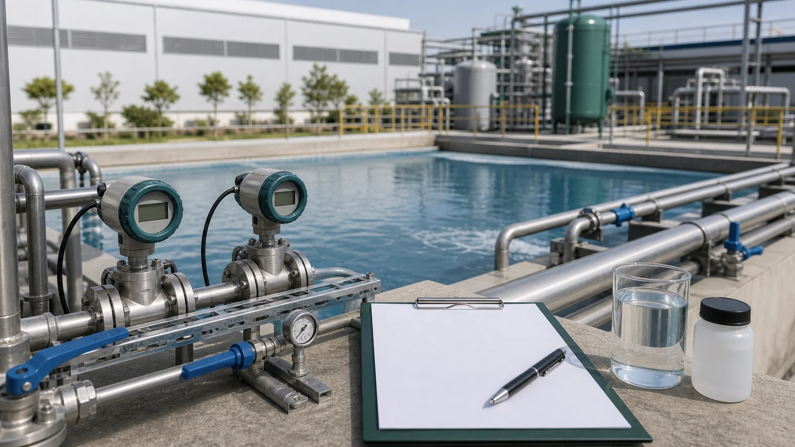 Tanques e medidores usados em sistema de reúso de água industrial